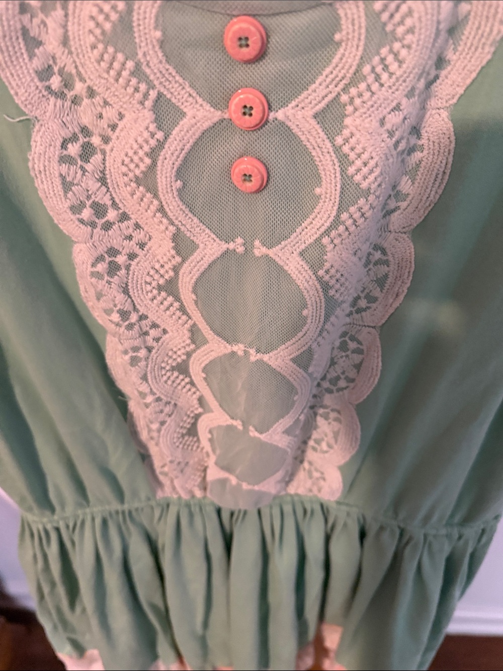 Matilda Jane Mint Green Lace Panel Dress with Pink Buttons - Picture 4 of 6